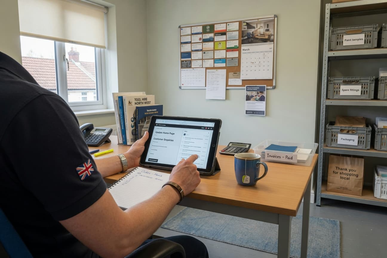 Small local business owner using a tablet to manage their professional website and customer enquiries in a practical workshop setting