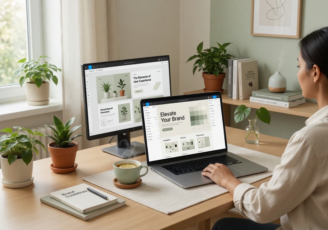 Professional web design process on a laptop in a calm modern workspace